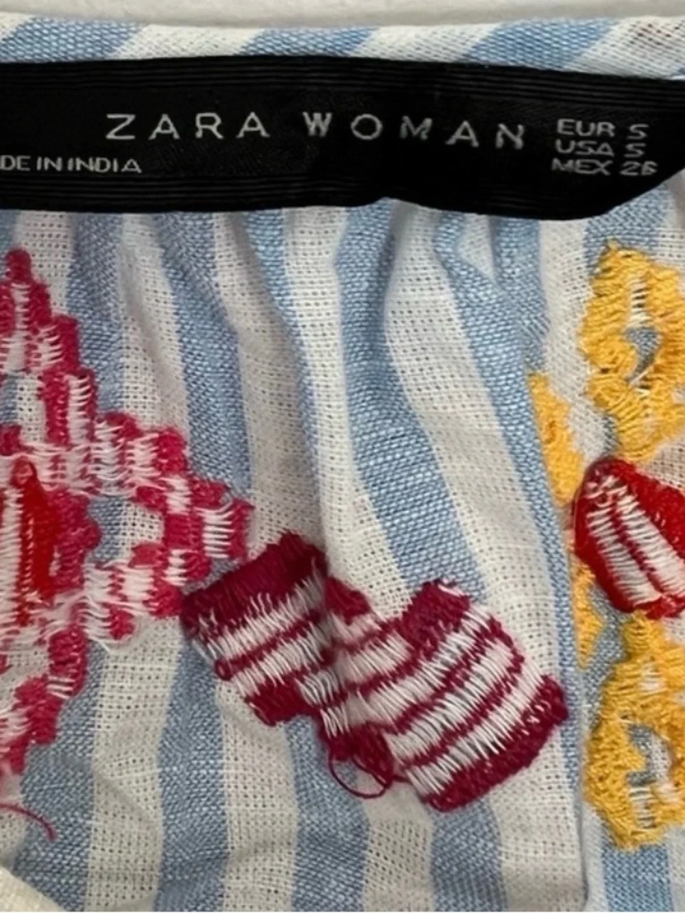 Zara‎ Blue White Striped Embroidered Tassel Peasant Blouse Size M